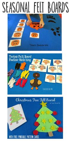 three different christmas themed felt boards with the words seasonal felt boards on them and an image of