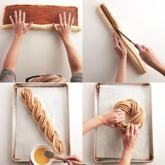 the process of making braided bread is being performed by two hands and using scissors