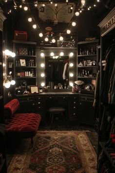 a dressing room with lots of lights on the ceiling and an area rug in front of it