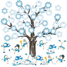 an image of snowmen playing around a tree