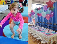 there are two pictures with balloons on the table and in the background is a child's birthday party