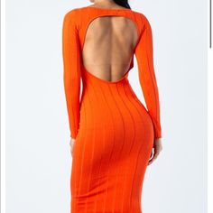 Backless Orange Ribbed Knit Dress Midi Dress Wide Rib Long Sleeve Open Back Stretch Nylon 30%, Rayon 70% Ribbed Stretch Backless Dress, Stretch Ribbed Backless Dress, Ribbed Backless Party Dress, Backless Ribbed Party Dress, Ribbed Midi Mini Dress For Party, Ribbed Bodycon Backless Dress, Ribbed Stretch Club Dress, Club-ready Stretch Ribbed Dress, Club Dress With Stretch Ribbed Detail