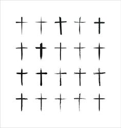 the crosses are drawn in black ink on a white background, each cross has different sizes and colors