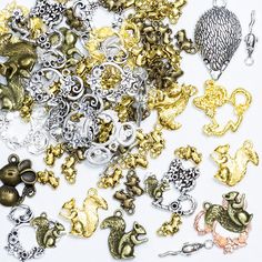 many different types of metal charms on a white surface with clippings to the side