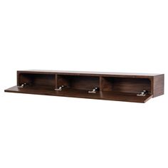 a wooden shelf with three compartments on the top and two metal hooks in each section