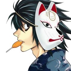 a man with black hair wearing a white mask and holding a carrot in his mouth