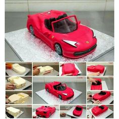 there is a red car cake on the table