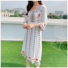 Women's Bohemian Dress Embroidered Floral Holiday Midi Dress Spring V-neck Dress With Multicolor Embroidery, Summer V-neck Dress With Embroidered Hem, Spring Festival Embroidered V-neck Dress, Casual Multicolor Embroidered V-neck Dress, Traditional V-neck Boho Dress For Spring, V-neck Dress With Intricate Multicolor Embroidery, Summer Floral Printed Knee-length Embroidered Dress, Spring Boho Knee-length Dress With Boho Print, Knee-length Embroidered Summer Dresses