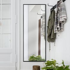 a mirror hanging on the wall next to a potted plant and coat rack with clothes