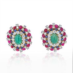 David Webb - Platinum & 18K Yellow Gold Green Emerald, Ruby And Diamond Earrings Ruby And Diamond Earrings, Luxurious Jewelry, Heritage Jewellery, David Webb, Historical Jewellery, Cluster Earrings, Green Emerald, Natural Emerald, Lush Green