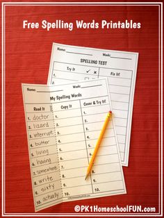 two spelling words worksheets with a pencil on top and the title free spelling words printables