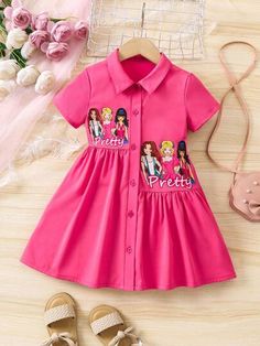 Sleeve Dress Casual, Button Decor, Button Front Shirt Dress, Dress For Summer, Lace Splicing, Cartoon Girl, Girls Prints, Short Sleeve Dress, Casual Shirt