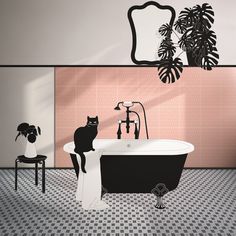 a black cat sitting on the edge of a bathtub next to a chair and mirror