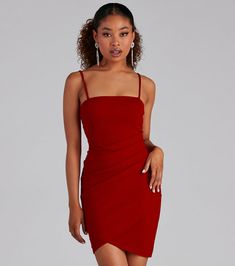 Sound the Alarm Crepe Wrap Mini Dress | Windsor Shapewear Wrap, Gowns For Prom, Mockneck Dress, Gown For Prom, Wine Dress, Rhinestone Hair Pin, Short Bodycon Dress, Bodycon Dresses Casual, Wrap Mini Dress