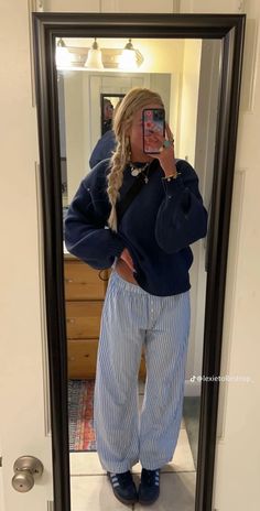 Fall Sheek Outfits, Lennon Pants Outfit, August 2024 Outfits, Stripped Pants Outfit Fall, Low Key New Years Eve Outfits Casual, Blue Shoe Outfits, Blue And Navy Outfit, Flowy Pants Outfit Fall, Vancouver Aesthetic Outfits