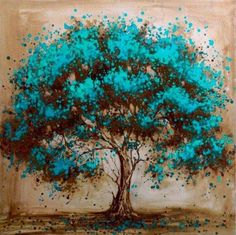 a painting of a tree with blue leaves on it