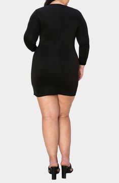 Strike a pose at your next night on the town in this stretchy and svelte body-con dress that's perfected by a modern asymmetric hem. 40" length (size 1X) Slips on over head Surplice V-neck Bracelet-length sleeves Unlined 95% polyester, 5% spandex Machine wash, tumble dry Made in the USA of imported fabric Neck Bracelet, Bracelet Sleeve, Favorite Daughter, Maternity Shops, Loungewear Shorts, Designer Clothes For Men, Modern Outfits, Strike A Pose, Denim Jumpsuit