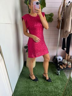 Sequin fuschia dress shoulder pads lined Fushia Sequin Dress, Festive Pink Contrast Sequin Dress, Pink Sequin Dress For Summer Dress-up, Festive Pink Embellished Sequin Dress, Pink Embellished V-neck Sequin Dress, Fuschia Dress, Football Design, Fall Design, Christmas Designs