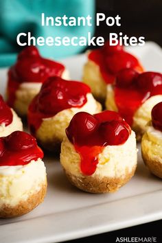 mini cheesecake bites with red jelly on top and the words instant pot cheesecake bites