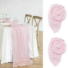 the table is set with pink and white linens