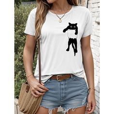 Category:T-shirt; Season:Summer; Fabric:100% Cotton; Sleeve Length:Short Sleeve; Gender:Women's; Style:Casual; Elasticity:Micro-elastic; Tops Type:T Shirt; Occasion:Daily; Top Length:Regular Tops; Fit Type:Loose Fit; Pattern:Cat; Design:Print; Neckline:Crew Neck; Brand:Ador; Listing Date:06/27/2024; Bust:null; Length:null; Sleeve:null; Fit US Size:null; Fit UK Size:null; Fit EU Size:null; Print Type:Hot Stamping Summer Graphic Tee With Cat Design, Summer Cotton T-shirt With Cat Design, Summer Cotton T-shirt With Cat Print, White Cat Design T-shirt For Summer, Summer Crew Neck T-shirt With Cat Print, White Summer T-shirt With Cat Design, Summer Cat Print Crew Neck T-shirt, Casual Summer Tops With Cat Print, Casual Summer Cat Print Tops