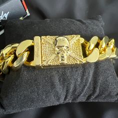 Ed Hardy Stainless Steel Gold Plated Skull Bracelet, Magnetic Closure Designer Gold Chain Bracelets, Luxury Jewelry With Custom Hardware, Designer Gold Chain Bracelet Gift, Luxury Adjustable Jewelry With Custom Hardware, Mens Gold Bracelets, Skull Bracelet, Retro Jewelry, Mens Accessories Jewelry, Mens Gold