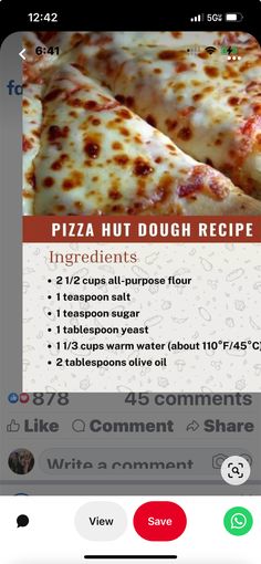 the pizza hut dough recipe app is open on an iphone screen and shows instructions for how to make it