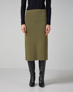 Our easy tube skirt in a compact merino wool, perfect to pair with the matching Zoe Top as a chic set. Trouser Shorts, Tube Skirt, Green Wool, Knitwear Tops, Three Quarter Sleeves, Shoe Collection, Three Quarter, Outerwear Jackets, Army Green