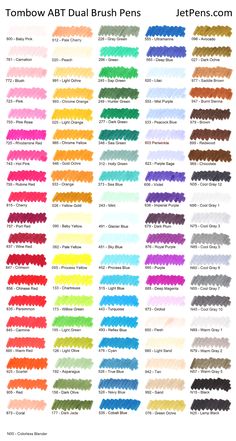 the color chart for different shades of brush pens