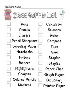 a printable class supply list for teachers