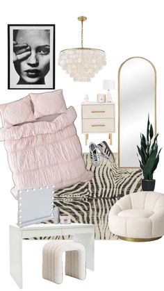 a bedroom with zebra print and pink accents