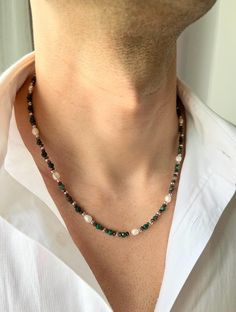 Malachite Necklace Men, Mens Pearl Necklace, Pearl Necklace Men, Real Pearl Necklace for Men, Gifts for Men Unique, Birthday Gift For Him, y2k Jewelry, Mens Necklace, Freshwater Pearl Necklace, Necklace for Men, Hematite Necklace ♥ Useful Quick Notes * This product is prepared with natural Malachite stones, ivory freshwater pearls, rhodium-plated ball beads. * The finish is made with a rhodium-plated lobster claw. * Length: We offer 2 options: 1. 51.7 cm(+-1) - 20.35 inch(+-0.4)  2. 48.7 cm(+-1) - 19.17 inch(+-0.4) You may choose free chain extension (5 cm - 2 inch) **The length may have difference up to 1 cm - 0.4 inch due to the natural shapes of the pearls. * Made of high quality rhodium plated over brass.  * For longer lasting use, it is recommended to keep this handmade product away f Vintage Necklaces Men, Handmade Necklace For Men, Mens Gemstone Necklace, Men Beaded Jewelry, Man Pearl Necklace, Male Pearl Necklace, Men’s Beaded Necklace, Pearl Jewelry For Men, Bead Necklace Men