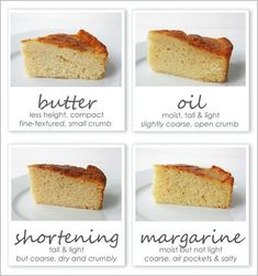 four different types of cake on a white plate with the words butter, lemon, sugar, and more