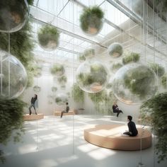 people are sitting on benches in the middle of a room filled with plants and hanging balls