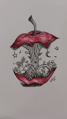 an apple drawing on paper with the image of a tree in it's center