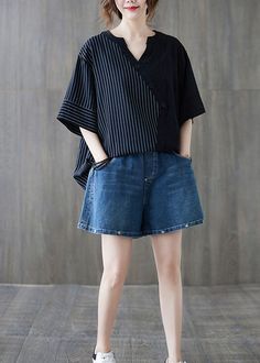 Casual Black Half Sleeve Blouse, Black Half Sleeve Summer Blouse, Casual Black Blouse, Black Half Sleeve Blouse For Summer, Black Half Sleeve Cotton Blouse, Black V-neck Shirt With Relaxed Fit, Black Relaxed Fit V-neck Shirt, Black Cotton Half Sleeve Blouse, Black Casual Relaxed Fit Blouse