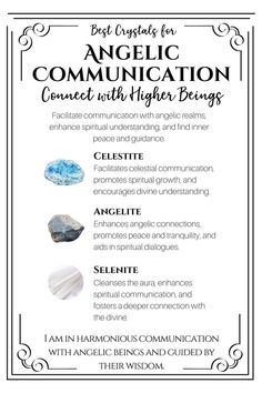 Black and white infographic with pictures and meanings of celestite, angelite and selenite crystals.