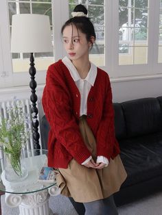 Composition : polyester 95% nylon 5%Color : RED_FREECountry of Origin : Republic of Korea Vintage Red Cardigan For Spring, Red Cardigan Outfit Korean, Chic Red Knit Cardigan, Cherry Cardigan, Red Knit Cardigan With Buttons, Vintage Red Knit Cardigan, U 20, Cable Cardigan, Knitwear Cardigan