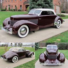 an antique car parked in front of a house