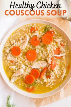 a white bowl filled with chicken and rice soup