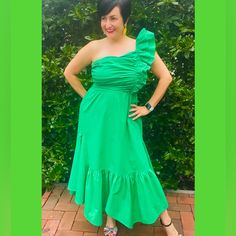 Brand New Green Midi Dress With One Ruffle Shoulder. Ruffled Asymmetrical Bottom. Elastic At Back Top. Unlined. 100% Cotton. Tiered Green Midi Dress With Ruffle Hem, Sleeveless Green Ruffled Midi Dress, Green Sleeveless Tiered Dress With Ruffle Hem, Green Off-shoulder Ruffled Midi Dress, Green Midi-length Smocked Dress With Ruffle Hem, Umgee Dress, Boho Midi Dress, Boho Mini Dress, Boho Floral Dress