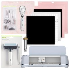 an assortment of electronic gadgets are displayed on a white background with pink and gray accents