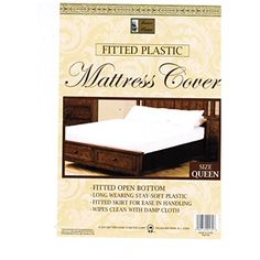 the mattress cover is white and has an open box on it, which reads'fitted plastic