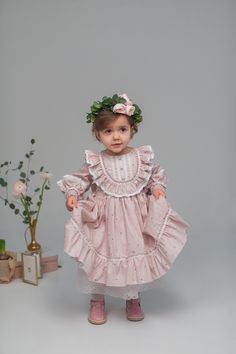 "This pink retro dress made from natural flower print cotton. Outfit made with love for your baby girl. In this clothes used only high-quality and natural materials - Italian lace and printed organic cotton. This vintage dress will be great outfit for 1st Birthday, Easter, Christmas etc.  Also this kids dress will be a good gift on birthday or other celebration. This baby girl pink dress looks very pretty. Your newborn baby or little duaghter will look perfect in this clothes. If you are bored w Vintage Baby Girl Outfits, Coquette Toddler Outfits, Newborn Vintage Outfit, Baby Girl Pink Dress, Ruffled Baby Dress, Vintage Baby Dress, Dress Birthday Party, Fluffy Dress, Pink Baby Dress