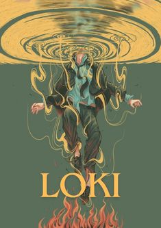 an image of a man floating in the air with fire and water around him, that says loki