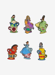 six disney princess pin set on white background