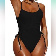 About This Item Women Sexy One Piece Ruched Tummy Control Swimsuit Scoop Neck, Adjustable Spaghetti Strap, Removable Padded Self Tie Adjustable Drawstring On Both Sides, High Cut, High Leg Cheeky Swimwear Sexy And Flattering Swimsuit For Summer Beach, Swimming Pool, Holiday And Vacation Machine Washable In Cold Water, Do Not Bleach Dy Black Ruched Fitted Bodysuit, Fitted Black Ruched Bodysuit, Black Fitted Ruched Bodysuit, Ruched Swimwear With Spaghetti Straps, Solid Ruched Swimwear With Spaghetti Straps, Stretch Ruched Bodysuit For Beach Season, Fitted Ruched Backless Bodysuit, Beach Ruched Bodysuit, Solid Ruched Bodysuit For Beach Season