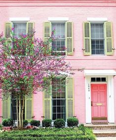 a pink house with green shutters and a tree in the front yard, surrounded by hedges