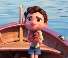 an animated character is standing on the front end of a boat with his hands in his pockets