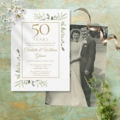 50th Anniversary Wedding Photo Greenery Watercolor Invitation. Featuring delicate watercolour country garden greenery, this chic anniversary invitation can be personalised with your special 50 years wedding anniversary celebration information, with your favourite wedding photo on the reverse. Designed by Thisisnotme© 50 Years Wedding Anniversary, Flying Card, 50th Year Wedding Anniversary, 50th Golden Anniversary, 50th Anniversary Invitations, Rsvp Invitation, Anniversary Party Invitations, Watercolor Invitation